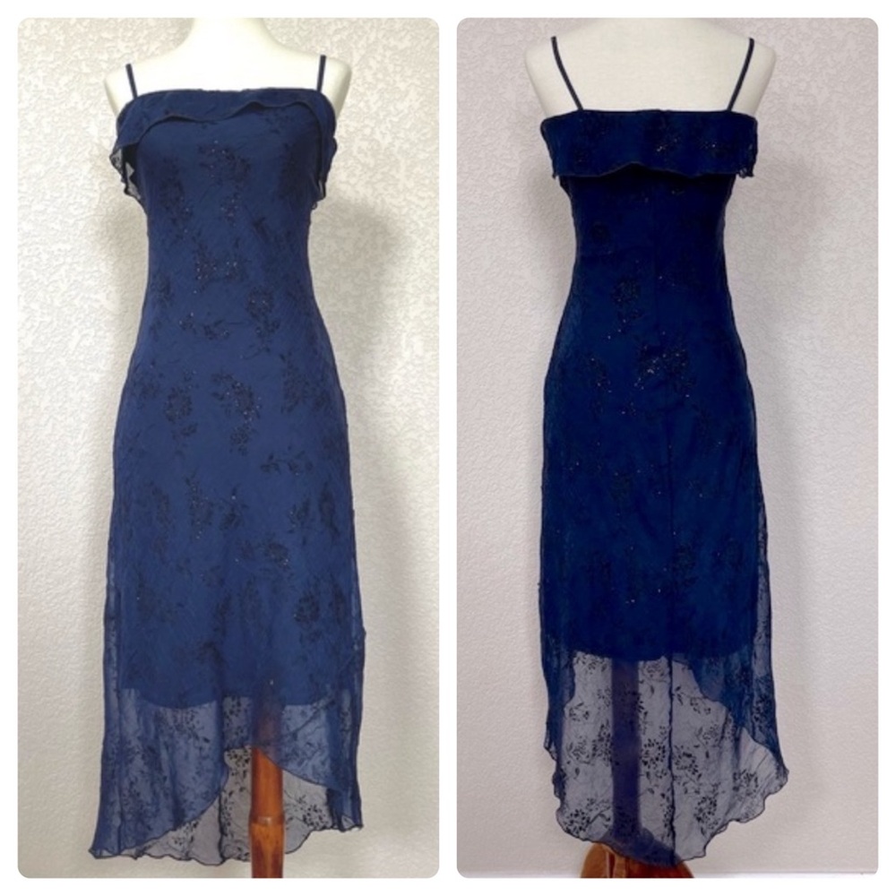 Byer too! navy floral crinkled ruffle asymmetrical hem midi slip dress